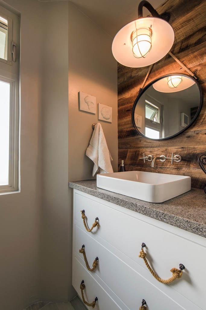 Bathroom Design & Remodeling with White Inset Cabinet, Quartz Countertops, and Barnwood Backsplash